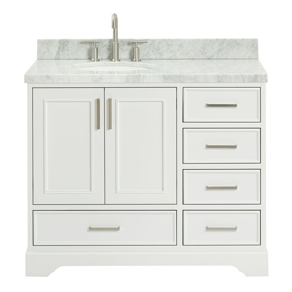 Ariel Stafford 43 Inch Single Left Offset Oval Sink Vanity With Carrara White Marble Countertop W/1.5" Edge In White