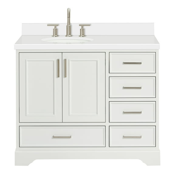 Ariel Stafford 43 Inch Single Left Offset Oval Sink Vanity With White Quartz Countertop W/1.5" Edge In White