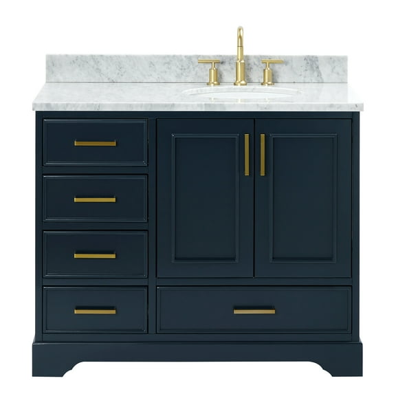 Ariel Stafford 43 Inch Single Right Offset Oval Sink Vanity With Carrara White Marble Countertop W/0.75" Edge In Midnight Blue