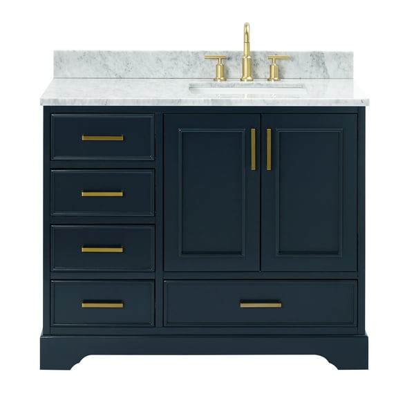 Ariel Stafford 43 Inch Single Right Offset Rectangle Sink Vanity With Carrara White Marble Countertop W/0.75" Edge In Midnight Blue