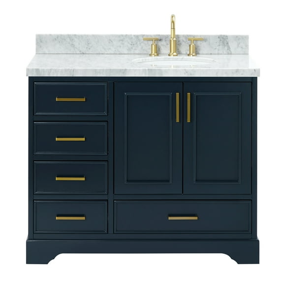 Ariel Stafford 43 Inch Single Right Offset Oval Sink Vanity With Carrara White Marble Countertop W/1.5" Edge In Midnight Blue