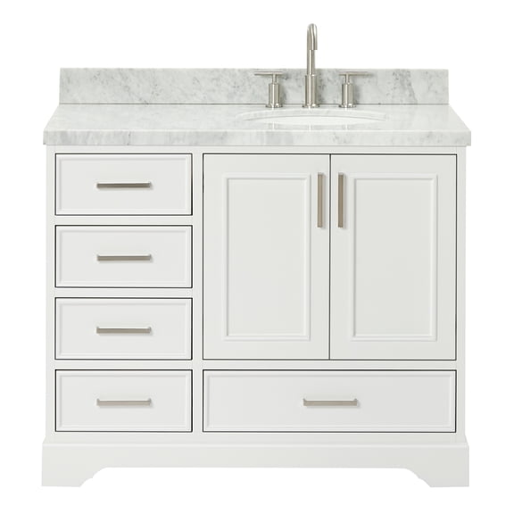 Ariel Stafford 43 Inch Single Right Offset Oval Sink Vanity With Carrara White Marble Countertop W/1.5" Edge In White