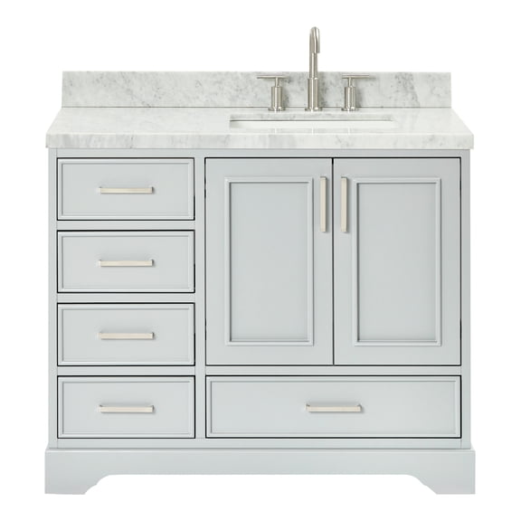 Ariel Stafford 43 Inch Single Right Offset Rectangle Sink Vanity With Carrara White Marble Countertop W/1.5" Edge In Grey