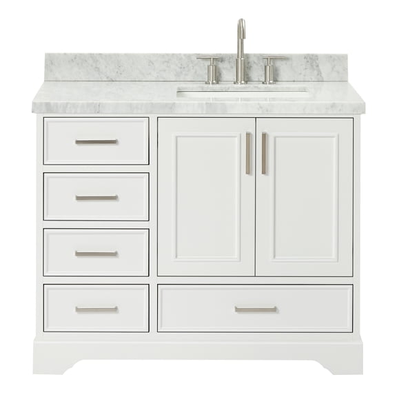 Ariel Stafford 43 Inch Single Right Offset Rectangle Sink Vanity With Carrara White Marble Countertop W/1.5" Edge In White