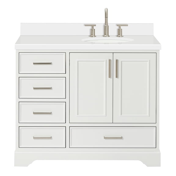 Ariel Stafford 43 Inch Single Right Offset Oval Sink Vanity With White Quartz Countertop W/1.5" Edge In White