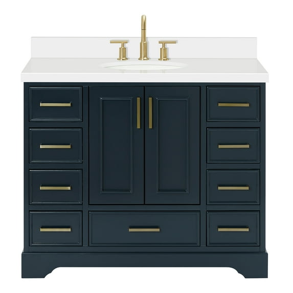 Ariel Stafford 43 Inch Single Oval Sink Vanity With White Quartz Countertop W/1.5" Edge In Midnight Blue