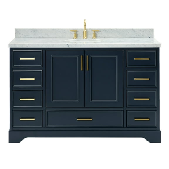 Ariel Stafford 55 Inch Single Oval Sink Vanity With Carrara White Marble Countertop W/1.5" Edge In Midnight Blue