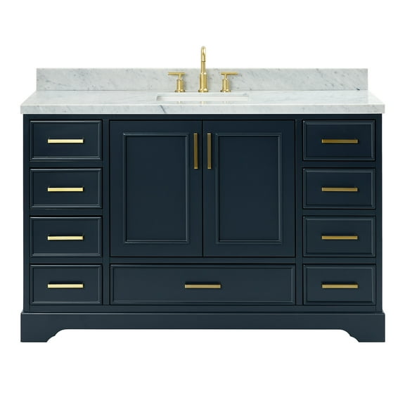 Ariel Stafford 55 Inch Single Rectangle Sink Vanity With Carrara White Marble Countertop W/1.5" Edge In Midnight Blue