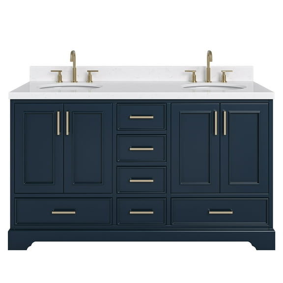 Ariel Stafford 60 Inch Double Oval Sink Bathroom Vanity With Carrara White Quartz Countertop 1.5 Edge In Midnight Blue
