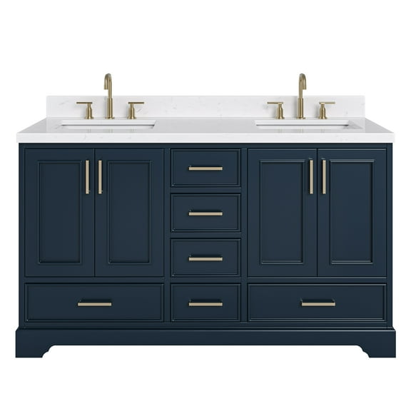 Ariel Stafford 60 Inch Double Rectangle Sink Bathroom Vanity With Carrara White Quartz Countertop 1.5 Edge In Midnight Blue