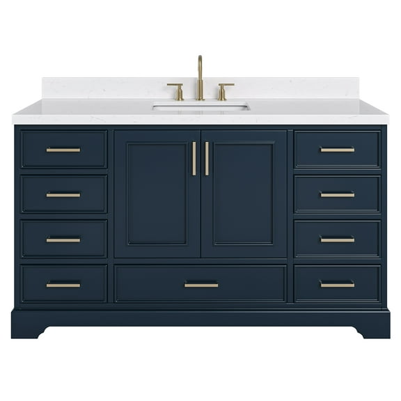 Ariel Stafford 60 Inch Single Rectangle Sink Bathroom Vanity With Carrara White Quartz Countertop 1.5 Edge In Midnight Blue