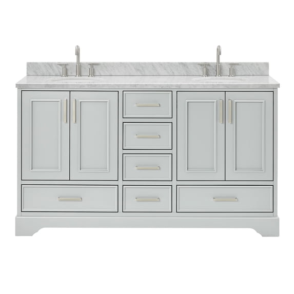 Ariel Stafford 61 Inch Double Oval Sink Vanity With Carrara White Marble Countertop W/0.75" Edge In Grey