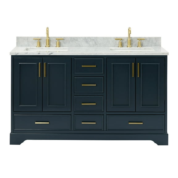 Ariel Stafford 61 Inch Double Rectangle Sink Vanity With Carrara White Marble Countertop W/0.75" Edge In Midnight Blue