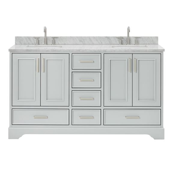 Ariel Stafford 61 Inch Double Rectangle Sink Vanity With Carrara White Marble Countertop W/0.75" Edge In Grey