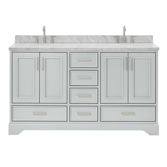 Ariel Stafford 61 Inch Double Oval Sink Vanity With Carrara White Marble Countertop W/1.5" Edge In Grey