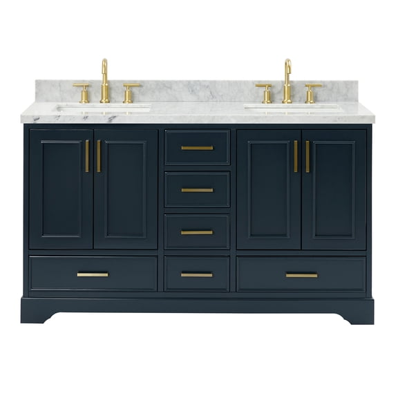 Ariel Stafford 61 Inch Double Rectangle Sink Vanity With Carrara White Marble Countertop W/1.5" Edge In Midnight Blue