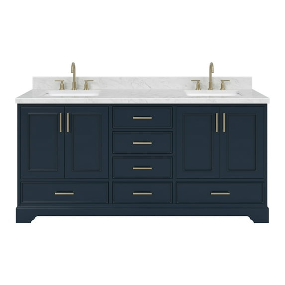 Ariel Stafford 73 Inch Double Rectangle Sink Vanity With Carrara White Marble Countertop W/1.5" Edge In Midnight Blue