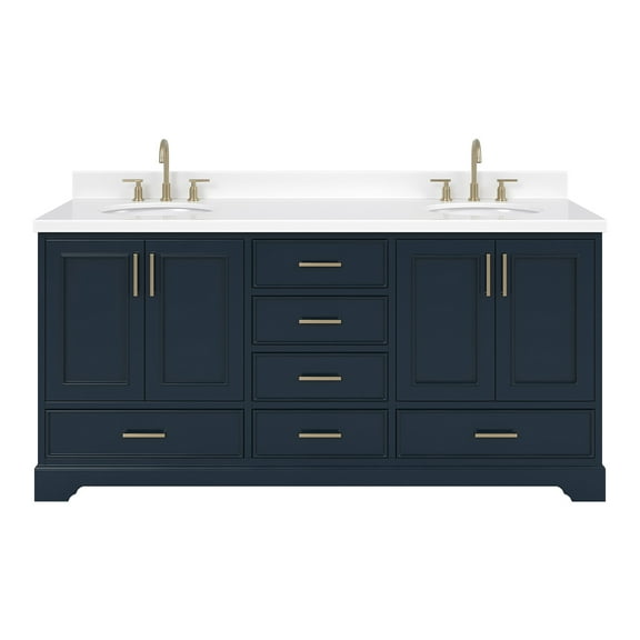 Ariel Stafford 73 Inch Double Oval Sink Vanity With White Quartz Countertop W/1.5" Edge In Midnight Blue