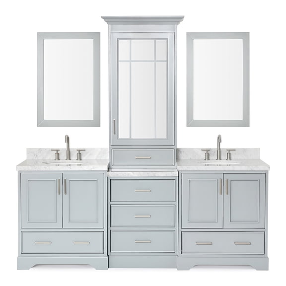 Ariel Stafford 85 In. Double Oval Sink Vanity Set With 1.5 In. Carrara White Marble Countertops In Grey
