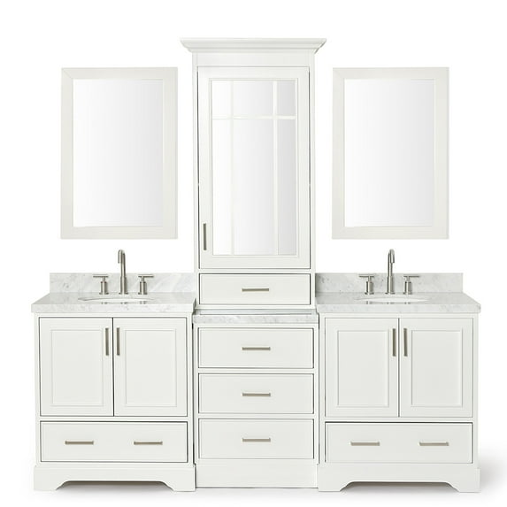 Ariel Stafford 85 In. Double Oval Sink Vanity Set With 1.5 In. Carrara White Marble Countertops In White