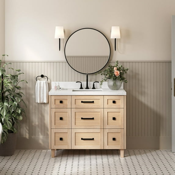 Ariel Monroe 42 Inch Single Rectangular Sink Bathroom Vanity With Carrara White Quartz Countertop 1.5 inch Edge In Oak