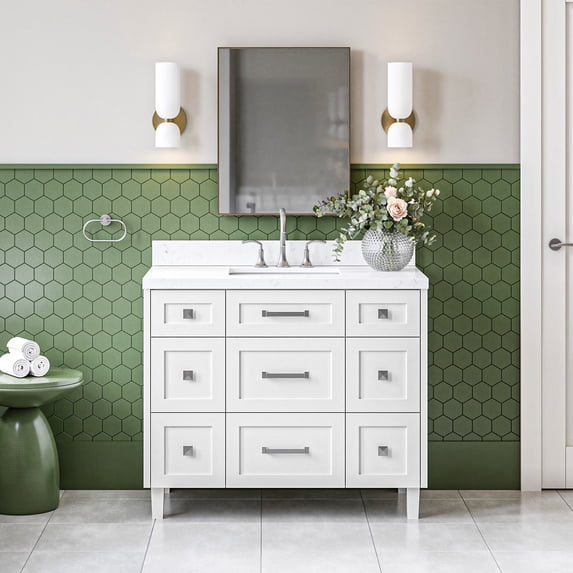 Ariel Monroe 42 Inch Single Rectangular Sink Bathroom Vanity With Carrara White Quartz Countertop 1.5 inch Edge In White