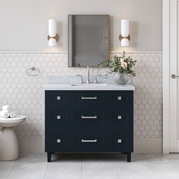 Ariel Monroe 43 Inch Single Rectangular Sink Bathroom Vanity With Italian Carrara Marble Countertop 1.5 inch Edge In Midnight Blue