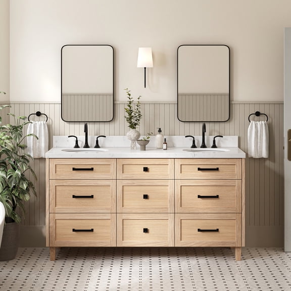 Ariel Monroe 66 Inch Double Oval Sink Bathroom Vanity With Carrara White Quartz Countertop 1.5 inch Edge In Oak