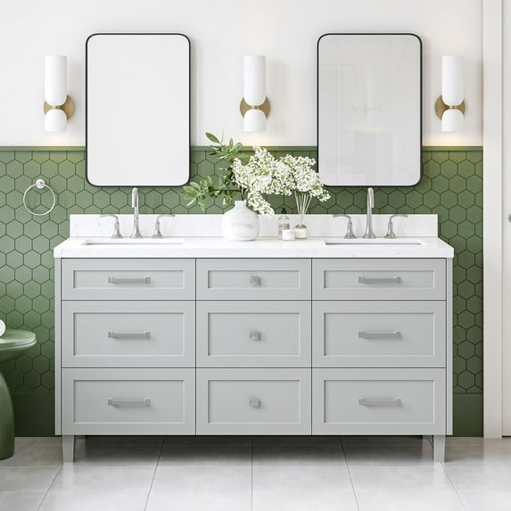 Ariel Monroe 66 Inch Double Rectangular Sink Bathroom Vanity With Carrara White Quartz Countertop 1.5 inch Edge In Grey