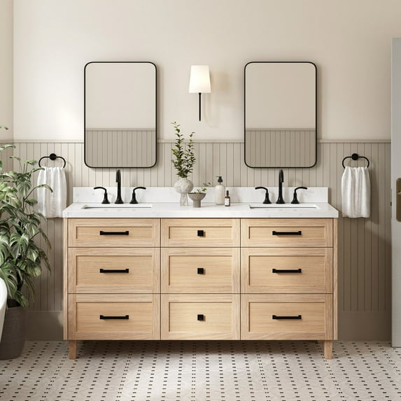 Ariel Monroe 66 Inch Double Rectangular Sink Bathroom Vanity With Carrara White Quartz Countertop 1.5 inch Edge In Oak