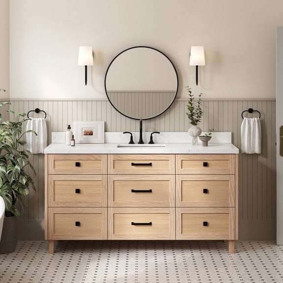 Ariel Monroe 66 Inch Single Rectangular Sink Bathroom Vanity With Carrara White Quartz Countertop 1.5 inch Edge In Oak