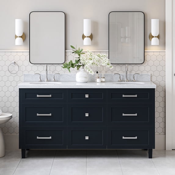 Ariel Monroe 67 Inch Double Oval Sink Bathroom Vanity With Italian Carrara Marble Countertop 1.5 inch Edge In Midnight Blue