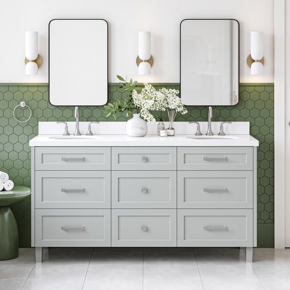 Ariel Monroe 67 Inch Double Oval Sink Bathroom Vanity With Pure White Quartz Countertop 1.5 inch Edge In Grey