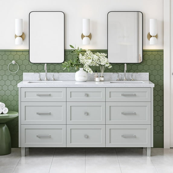 Ariel Monroe 67 Inch Double Rectangular Sink Bathroom Vanity With Italian Carrara Marble Countertop 1.5 inch Edge In Grey