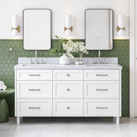 Ariel Monroe 67 Inch Double Rectangular Sink Bathroom Vanity With Italian Carrara Marble Countertop 1.5 inch Edge In White