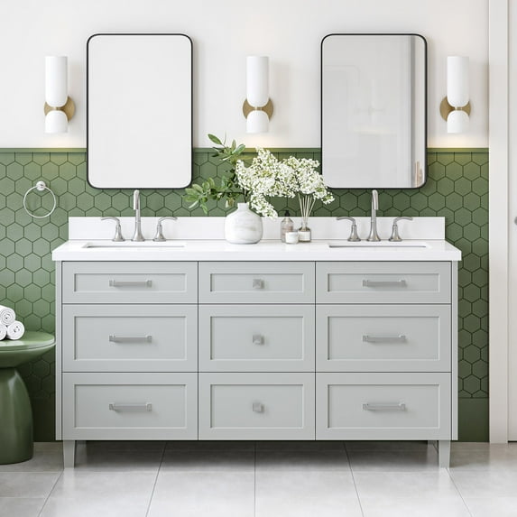 Ariel Monroe 67 Inch Double Rectangular Sink Bathroom Vanity With Pure White Quartz Countertop 1.5 inch Edge In Grey