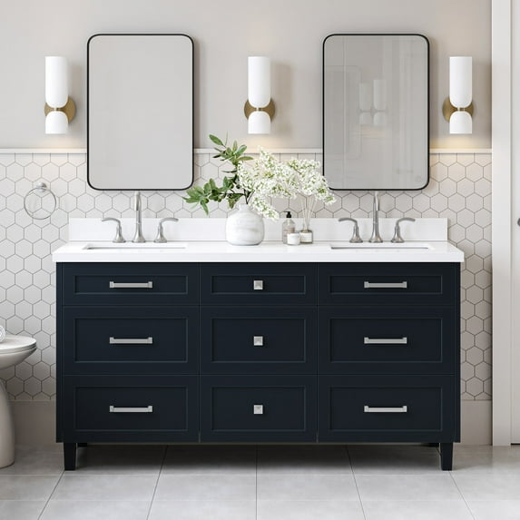 Ariel Monroe 67 Inch Double Rectangular Sink Bathroom Vanity With Pure White Quartz Countertop 1.5 inch Edge In Midnight Blue