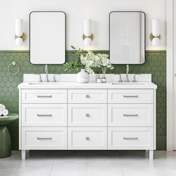 Ariel Monroe 67 Inch Double Rectangular Sink Bathroom Vanity With Pure White Quartz Countertop 1.5 inch Edge In White