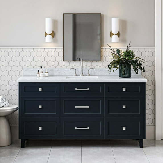 Ariel Monroe 67 Inch Single Rectangular Sink Bathroom Vanity With Italian Carrara Marble Countertop 1.5 inch Edge In Midnight Blue