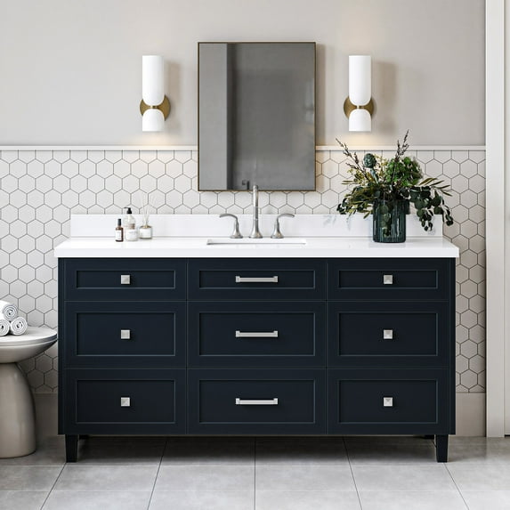 Ariel Monroe 67 Inch Single Rectangular Sink Bathroom Vanity With Pure White Quartz Countertop 1.5 inch Edge In Midnight Blue