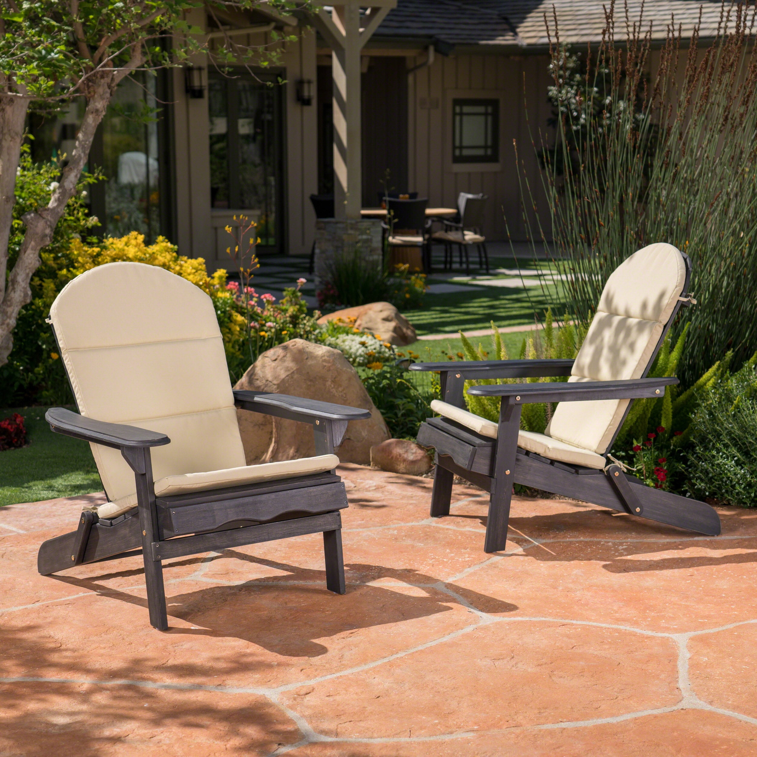 Ariel Outdoor Acacia Wood Folding Adirondack Chairs with Cushions (Set of 2), Dark Gray and Khaki