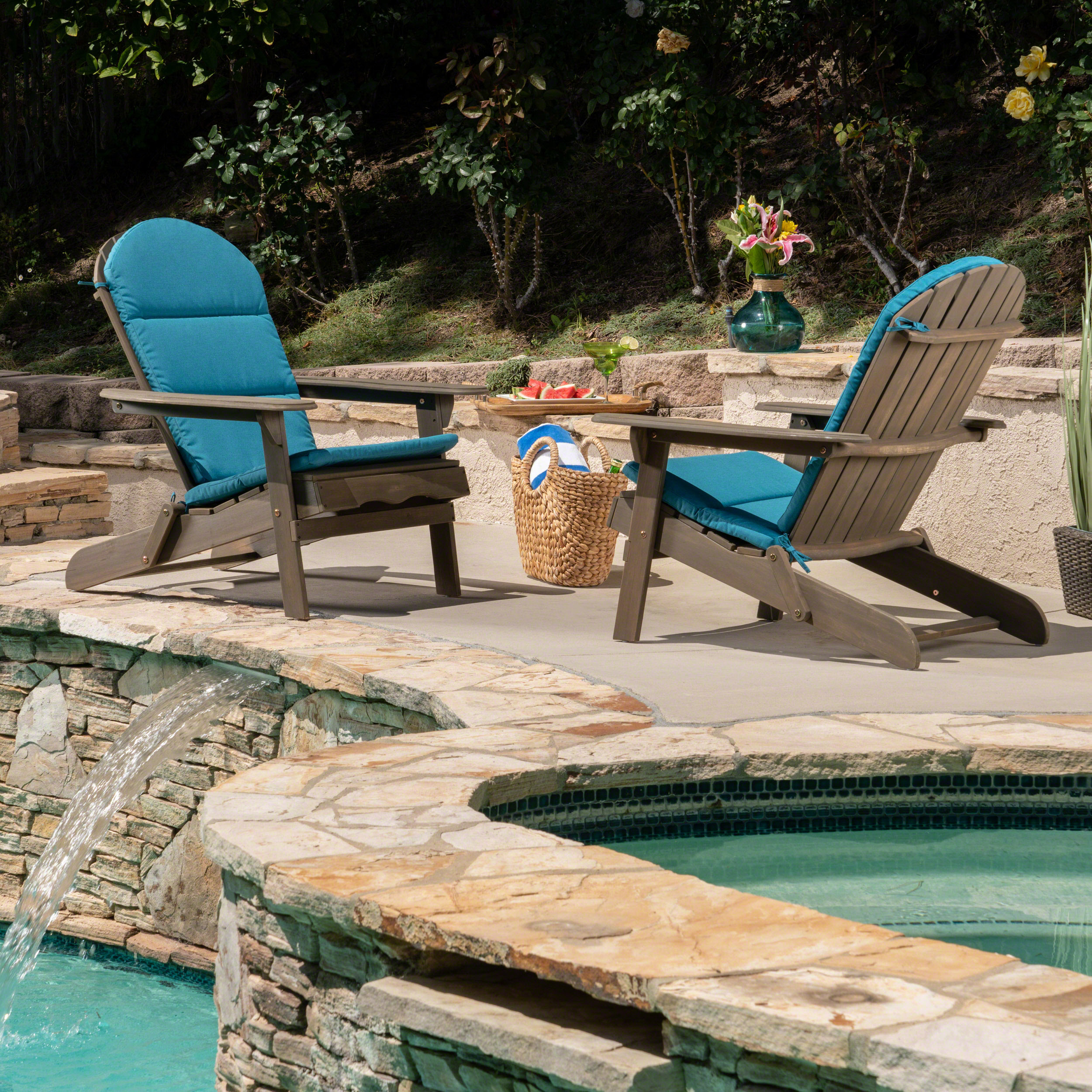 Ariel Outdoor Acacia Wood Folding Adirondack Chairs with Cushions (Set of 2), Gray and Dark Teal