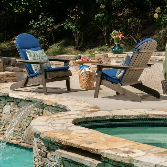 Ariel Outdoor Acacia Wood Folding Adirondack Chairs with Cushions (Set of 2), Gray and Navy Blue