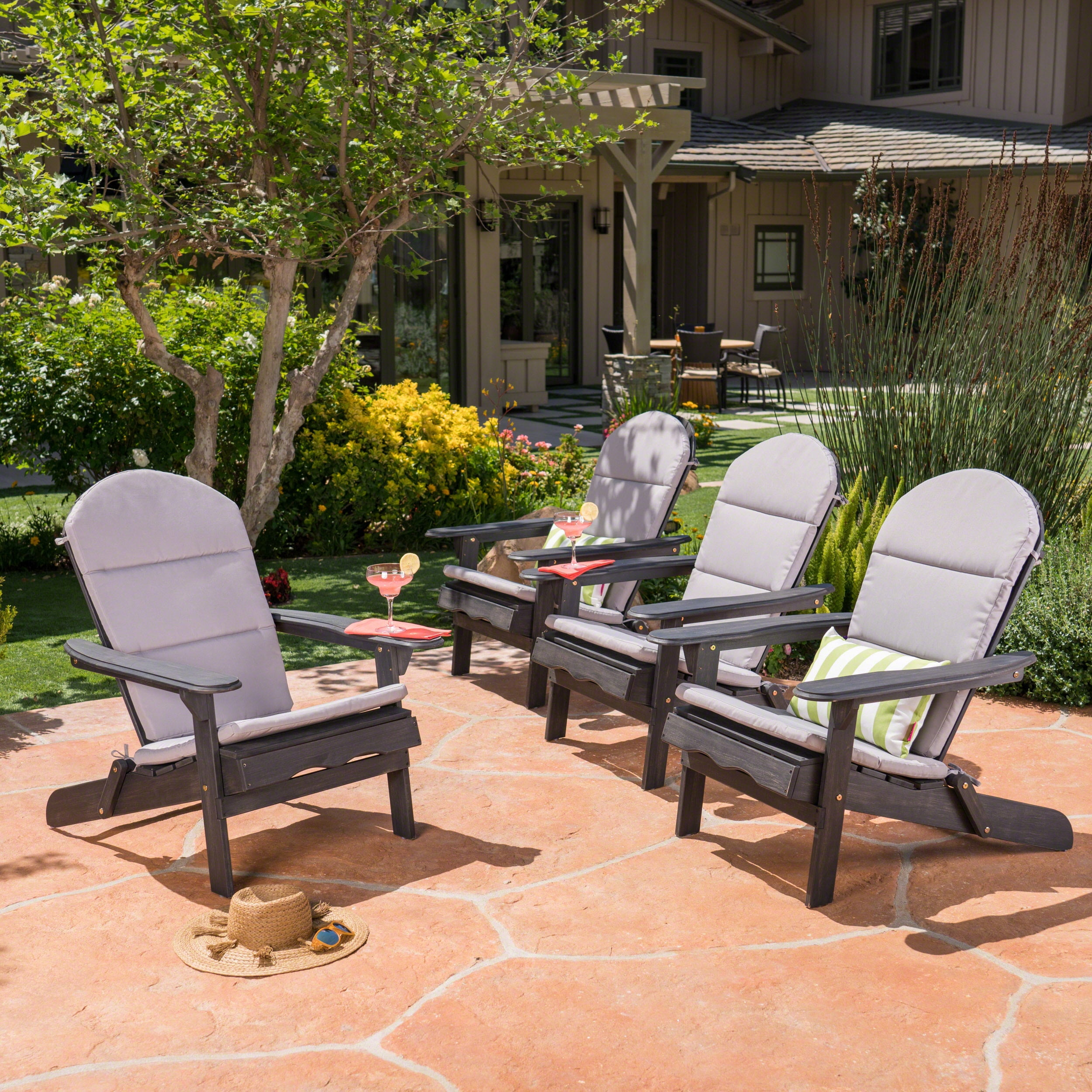 Ariel Outdoor Acacia Wood Folding Adirondack Chairs with Cushions (Set of 4), Dark Gray and Gray