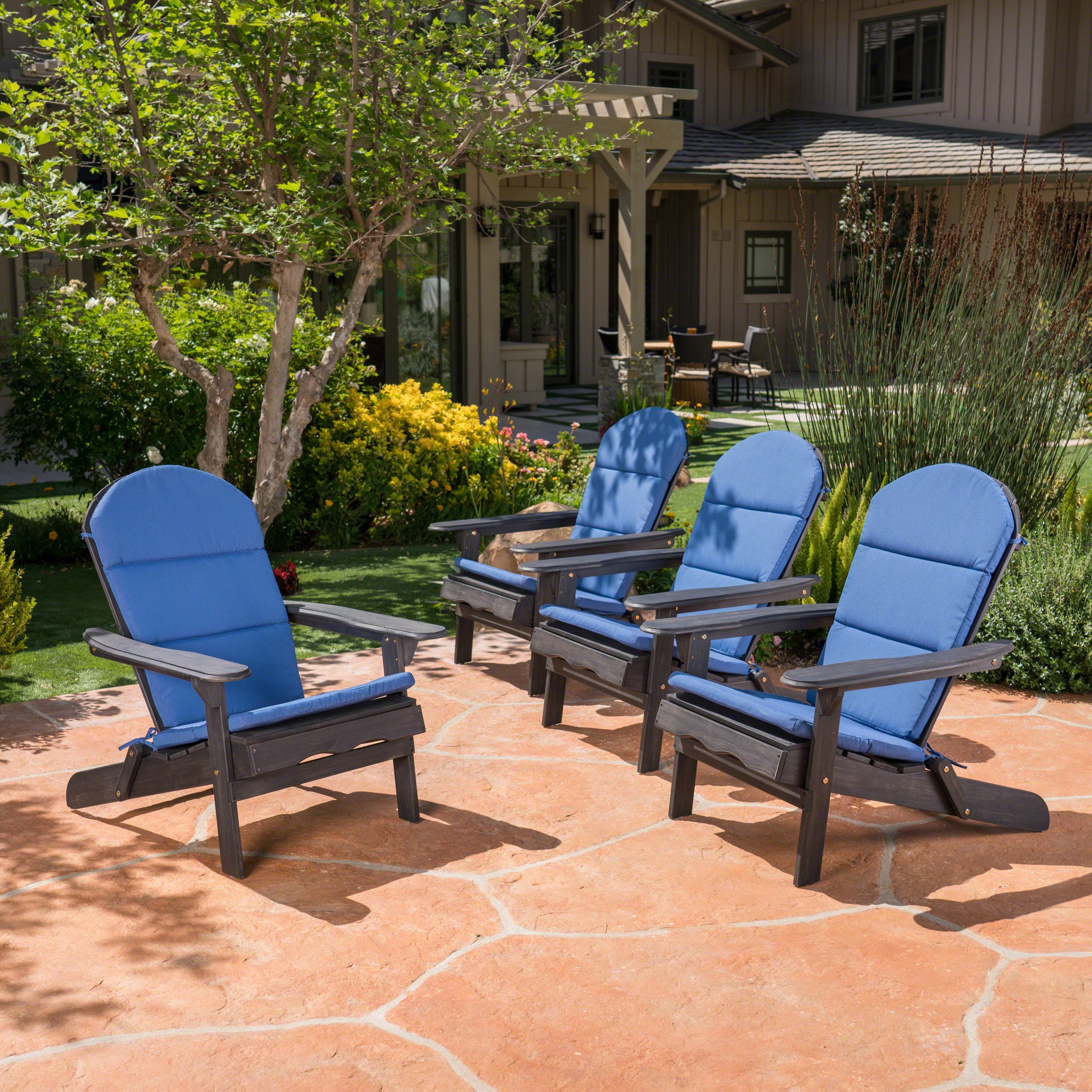 Ariel Outdoor Acacia Wood Folding Adirondack Chairs with Cushions (Set of 4), Dark Gray and Navy Blue