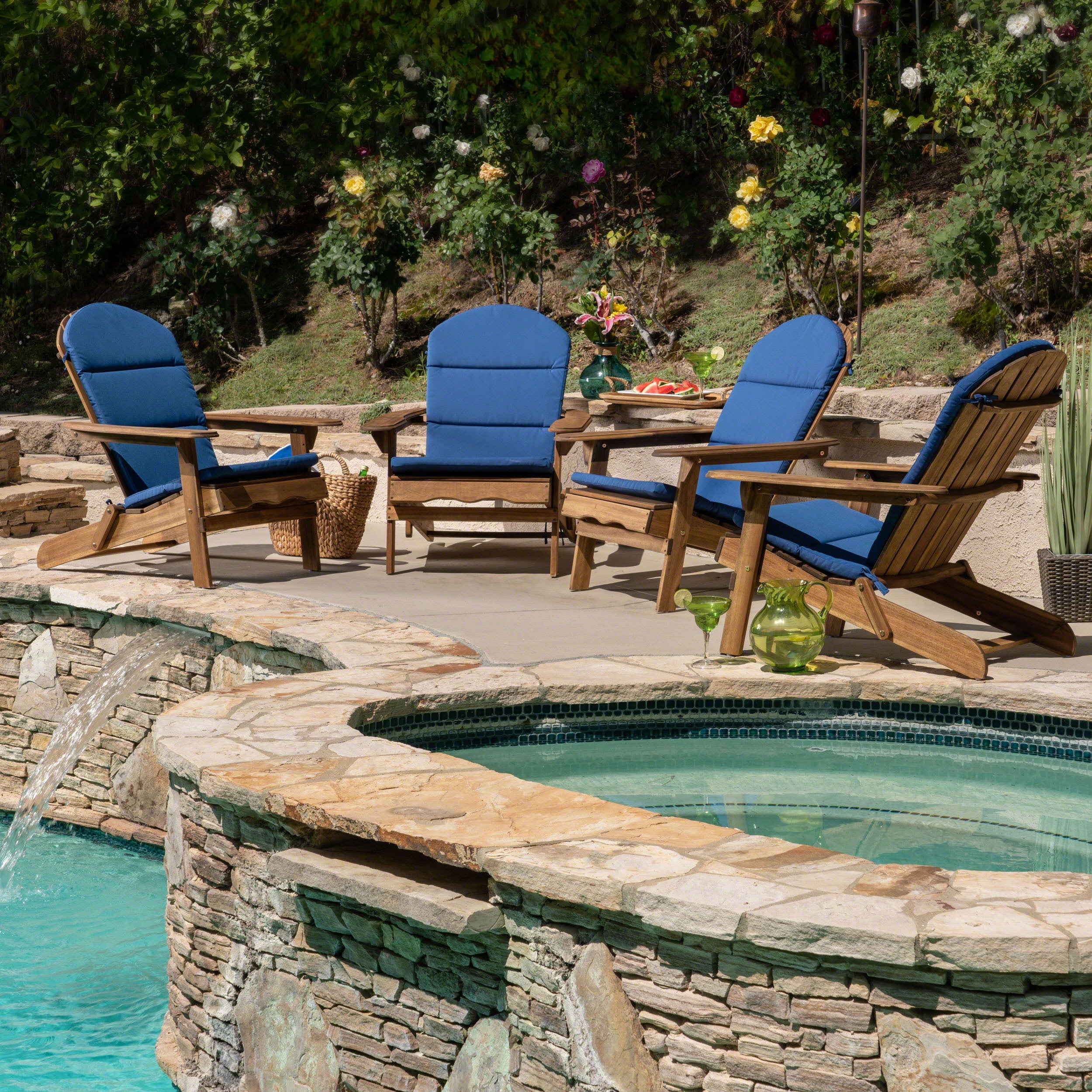 Ariel Outdoor Acacia Wood Folding Adirondack Chairs with Cushions (Set of 4), Natural and Navy Blue
