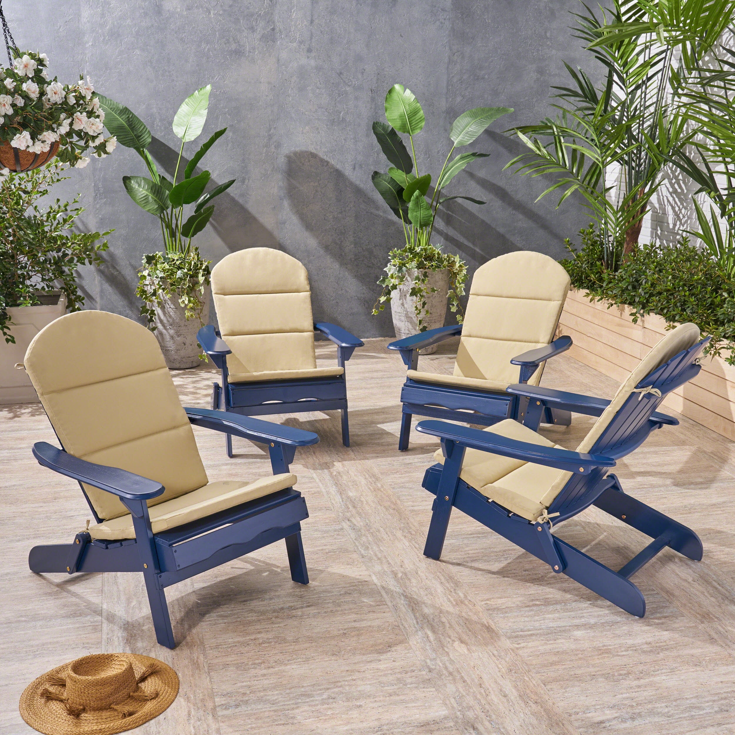 Ariel Outdoor Acacia Wood Folding Adirondack Chairs with Cushions Set of 4 Navy Blue and Khaki