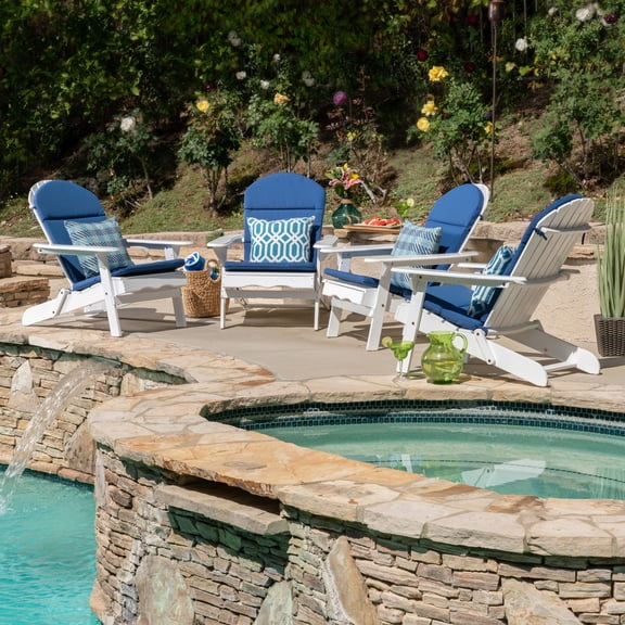 Ariel Outdoor Acacia Wood Folding Adirondack Chairs with Cushions (Set of 4), White and Navy Blue