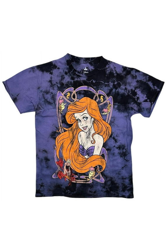 Ariel Princess The Little Mermaid Women's T-Shirt Distressed Print Tie Dye Tee (X-Large, Purple/Black Tie Dye)