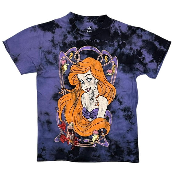 Ariel Princess The Little Mermaid Women's T-Shirt Distressed Print Tie Dye Tee (X-Small, Purple/Black Tie Dye)